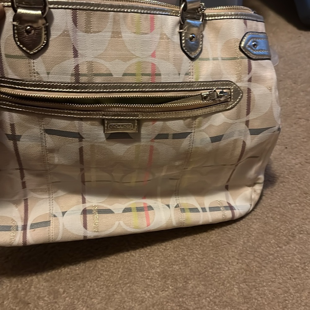 Cream, white, gold, pink and purple large Coach madras tote - Picture 3 of 7